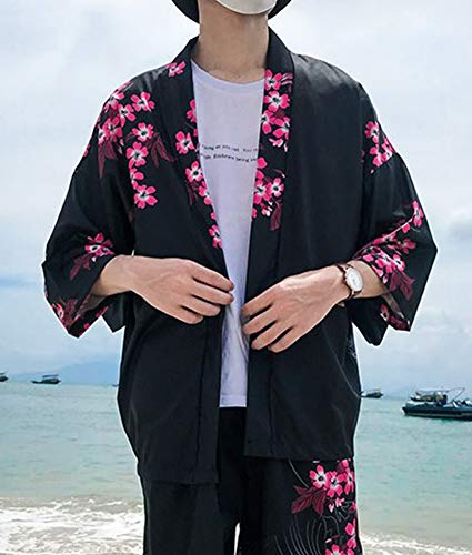 LifeHe Men\'s Kimono Cardigan Japanese Printed 3/4 Sleeve Open Front Shirt Jacket Black - Thumbnail 4