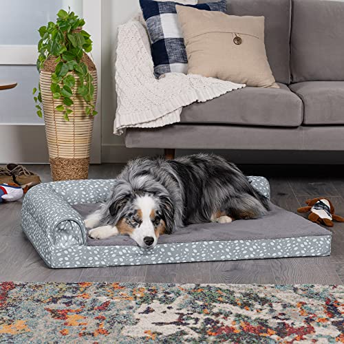 Image of Furhaven Cooling Gel Dog Bed for Large /Medium Dogs w / Removable Bolsters & Washable Cover, For Dogs Up to 55 lbs - Plush & Almond Print L Shaped Chaise - Gray Almonds, Large