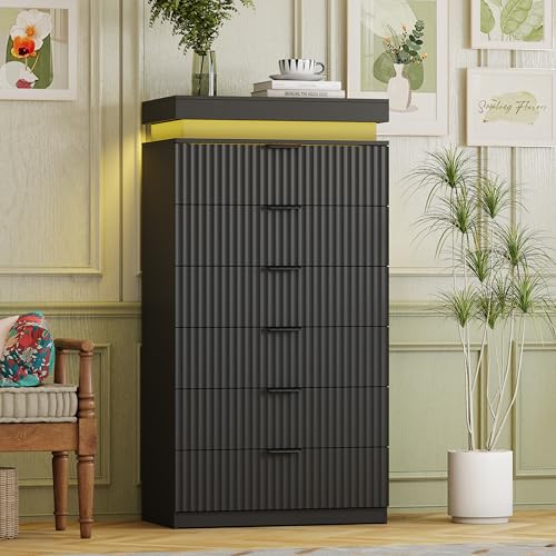 Image of Black Tall 6 Drawer Dresser with LED Lights and Charging Station, 53 inch Tall Wood Fluted Dresser for Bedroom, Modern Chest of Drawers for Closet Organizer Cabinet for Living Room, Hallway