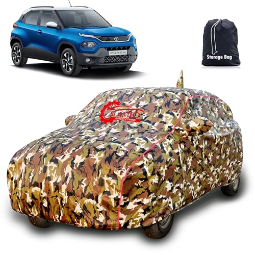 Image of Tata Punch Car Cover Waterproof 2021-2026 Models with Mirror Pocket, Soft Cotton Lining, Triple Stitched, Full Bottom Elastic (Heat Resistant Jungle Print with Red Piping)