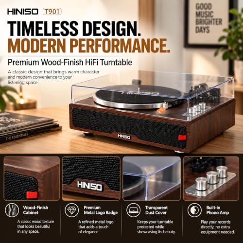 Image of HINISO T901 HiFi Wooden Turntable with Bluetooth in & Out, Built-in Phono Amp & 4 Stereo Speakers | Belt-Drive 33 /45 /78 RPM Vinyl Record Player, AT-3600L Cartridge, Auto-Stop, RCA /Optical /Coaxial Out