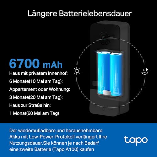 TP-Link Tapo D230S1 Video-Türklingel Akku (Video Doorbell), Türklingel mit Kamera, 2K 5MP, Farbe Nachtsicht, ultrabreiten Sichtfeld, herausnehmbare Batterie, KI-Erkennung, Mit Chime – Bild 6