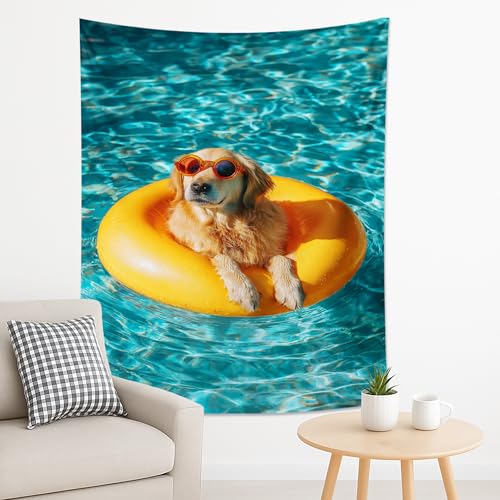 Lindo tapiz flotante de perro sobre amarillo, decoración de piscina de verano, colgante de pared de animales juguetones para sala de estar, estética divertida para dormitorio, decoración vibrante del