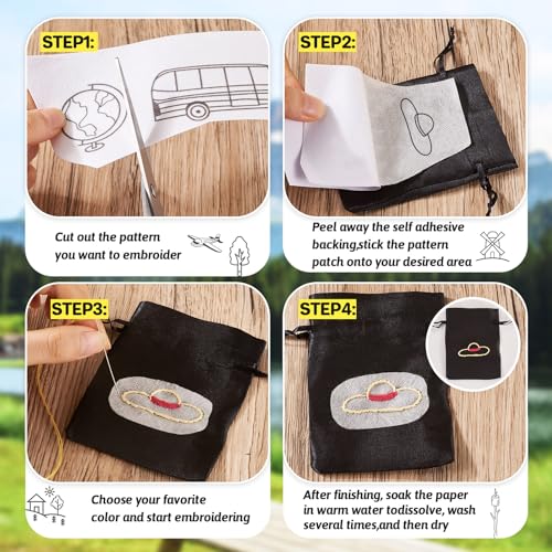 Image of Magibeads 60 Patterns Travel Theme Water Soluble Embroidery Patterns Airplane Landscaping Suitcase Stick and Stitch Transfer Embroidery Paper for Adult Beginners Hand Sewing Starter Kit