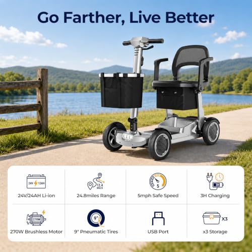 Image of Lightweight Mobility Scooter for Seniors & Adults - Airline & Cruise Approved, 45lb Portable Motorized Scooters with Dual Battery for 24.8 Miles Range, Pneumatic Tires, Silver
