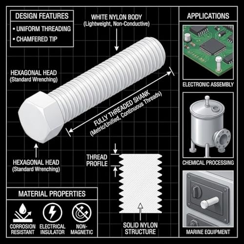Image of M8 x 25mm White Nylon Hex Head Cap Bolts Screws, Plastic Hexagon Nuts, Full Thread Nylon Hexagon Head Cap Bolts, 30Pcs