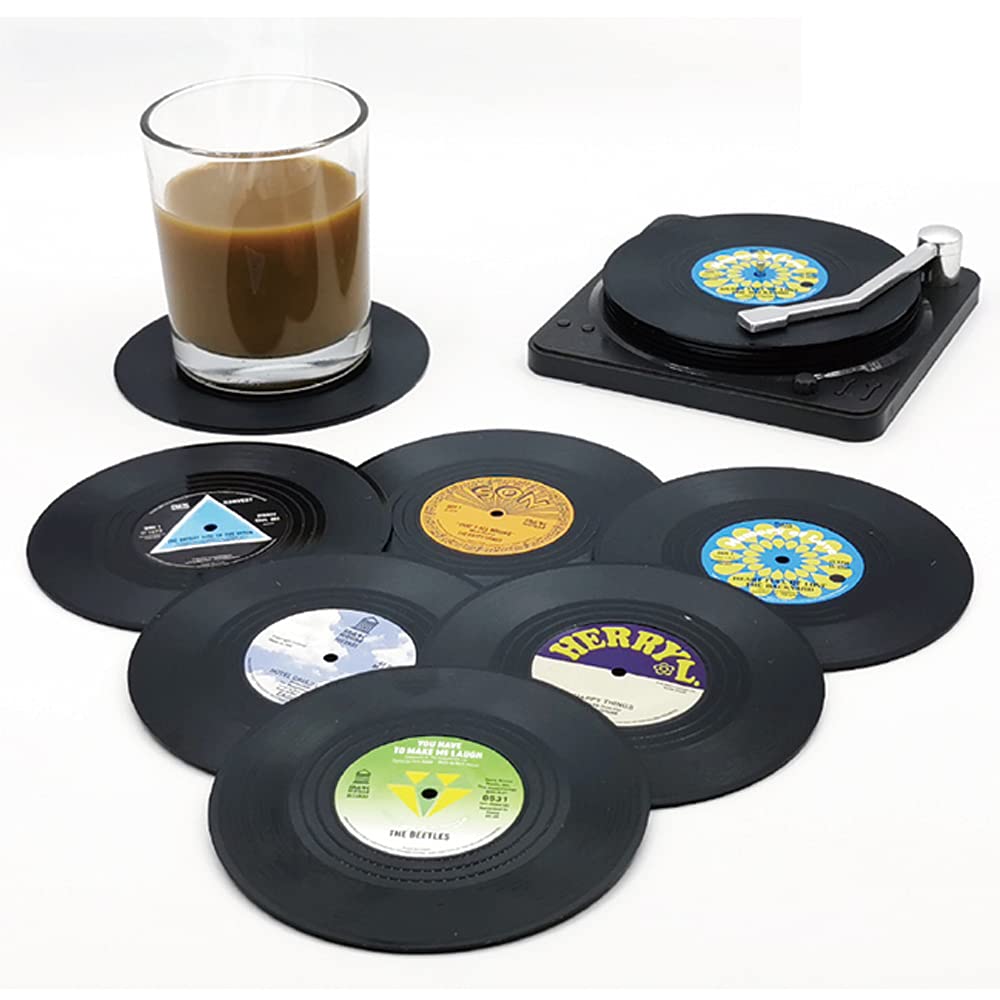 Kaxich 6pcs Retro CD Record Coasters with Holder Vinyl Mug Mats Non-Slip Drink Coaster Set for Wine Glass Tea Coffee Home Kitchen Decor Gift Idea - Image 2