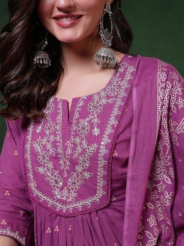 Image of PARTHVI Women's 100% Pure Cotton Anarkali Kurta Set with Pant & Dupatta | Embroidered Flared Kurta | Elegant Ethnic Suit
