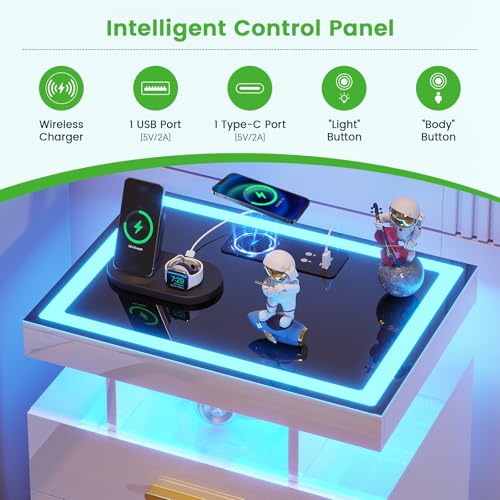 Image of HNEBC Night Stand Set 2 with LED Lights, High Gloss Nightstand with 3 Drawers,Wireless&USB&Type-C Charging Station,Smart Side Tables with Tempered Glass Top for Bedroom,Living Room,Office-White