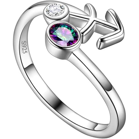 Adjustable Zodiac Sign Ring 925 Sterling Silver Fine Jewelry Gifts Rainbow Mystic Topaz Zirconia 12 Constellation Ring Astrology Cute Scorpio Ring Celestial Zodiac Jewelry Birthday for Women Girls