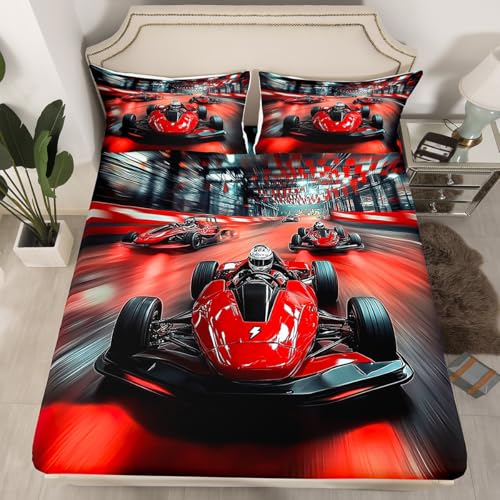 Red Race Car Fitted Sheets Queen Size,Sport Cars Bedding Set 3Pcs for Kids Boys Teens Room Decor,Extreme Sport Gaming Bed Sheet Cool Modern Deep Pocket Sheet,2 Pillowcases
