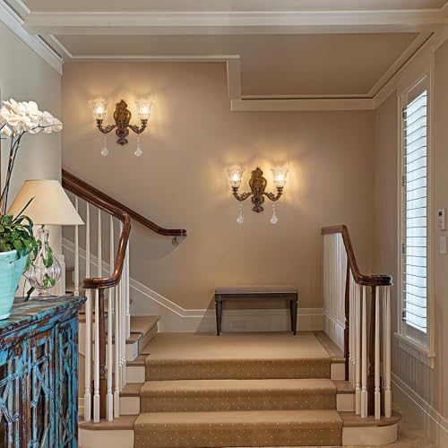Image of Wellmet 2-Lights Bronze Wall Sconce, Retro Wall Light, Bathroom Vanity Wall Lamp, Wall Light Fixtures for Living Room, Bedroom, Hallway, Bathroom, Stairway, W-18in (Bulb not Include)