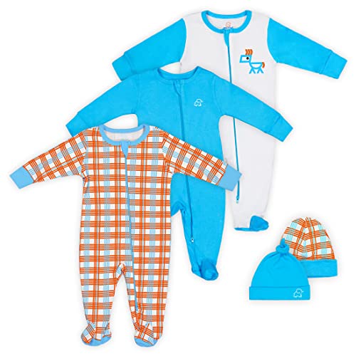 Image of BABYCIRCUS, Gender-Neutral, Baby Footed Pajamas/Sleep’n Play, Reversible Beanie, Knotted Beanie (Pack of 5)