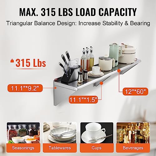 VEVOR Stainless Steel Shelf, Wall Mounted Floating Shelving with Brackets, Commercial Shelves, Heavy Duty Storage Rack for Restaurant, Kitchen, Bar, Home, and Hotel