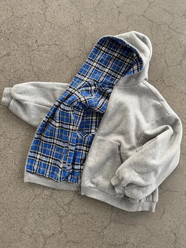 Lunoakvo Mens Oversized Reversible Hoodies Women Plaid Preppy Hoodie Streetwear Vintage Zipper Hooded Sweatshirt3