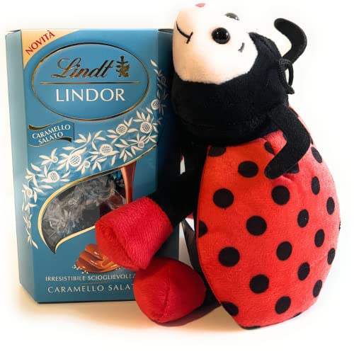 Lindt Lindor Peluche Regalo Halloween 2023-200gr Lindor al Caramello Salato + Peluche Coccinella Porta Fortuna 20cm (CARAMELLO SALATO)