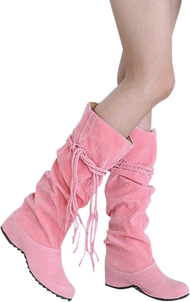 Women's Fashion Slouchy Flat Boots Faux Suede Mid Calf Boots Pink 9
