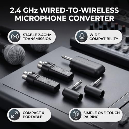 Convertidor inalámbrico Zunate 2.4G de micrófono con cable a inalámbrico, sistema transmisor y receptor para micrófonos dinámicos y de condensador, mezclador de sonido, plug and play, rango de 30-50 m miniatura 5