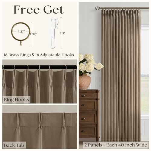 Image of Dark Brown Semi Sheer Pinch Pleated Linen Curtains 108 Inch for Living Room