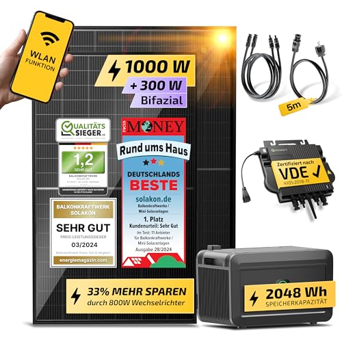 Solakon® 1000W Balkonkraftwerk mit Speicher - 1000 Watt komplett Steckdose & 800W Wechselrichter - Solaranlage Komplettset - 2x500W bifaziale Solarmodule & 2kWh Speicher für Balkonkraftwerk