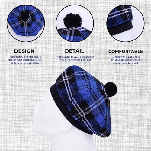 Image of Scottish Tam O' Shanter Hat Tartan Bonnet Pom Pom Wool Flat Cap One Size
