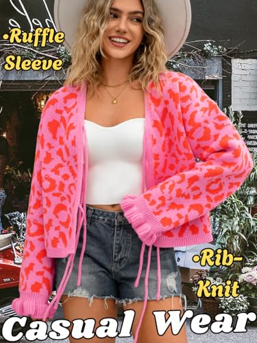Womens 2000s Bow Cardigan, V-Neck Tie Open Front Loose, Leopard Ruffle Cuffs Knit Sweater, Cute Valentines Outfit4