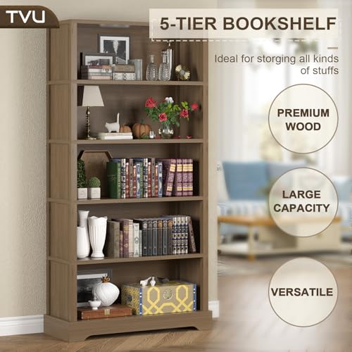 Image of TVU 5-Tier Wooden Bookshelf, 65 inch Tall Farmhouse Style Open Bookcase, 31.5 inch W Standing Book Shelf with Storage, Suitable for Study, Living Room, Office, Teak