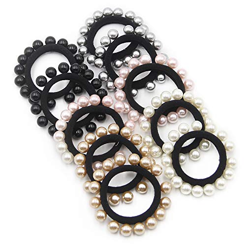 10PCS Seamless Hair Ties with Pearls, Elastic Ponytail Holders for Women Girls, Imitation Pearls Hair Accessories Hair Band Hair Wrap Around for Thick Heavy and Curly Hair, No Damage (Multi Colors)