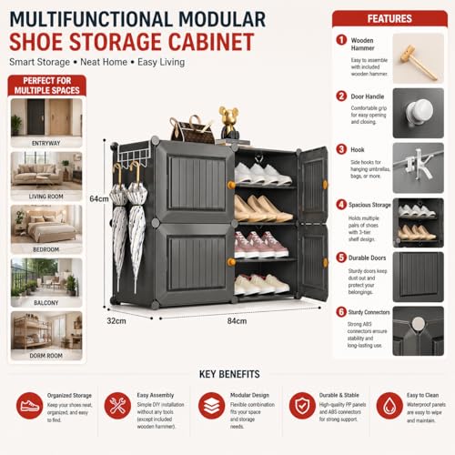 Image of Mevigo 8-Tier Shoe Rack with 4-Doors| Holds -Pairs |Waterproof & Dustproof Modular Plastic Shoe Cabinet| Foldable Stackable Shoe Organizer with Metal Frame |Space Saving Storage for Home,Entry Way