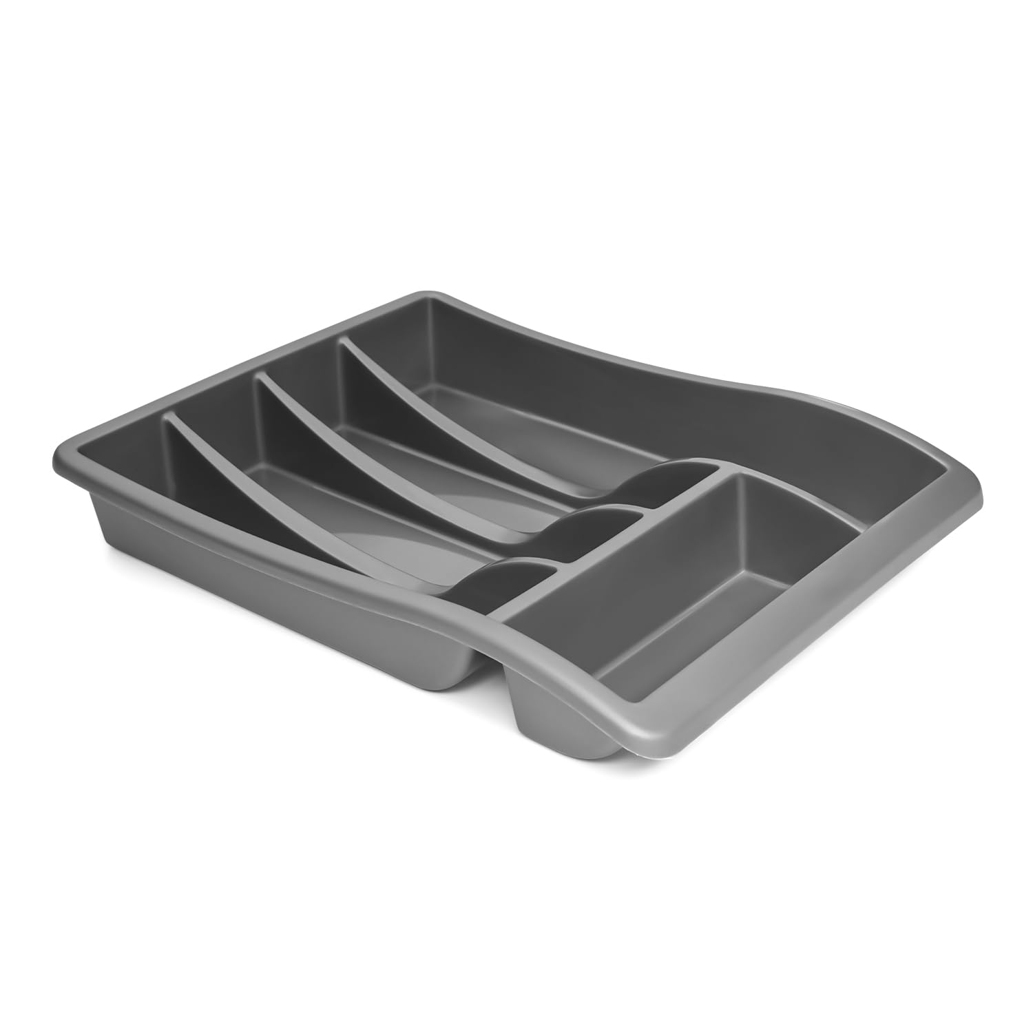Winsome Grey Cutlery Drawer Organiser Plastic | Kitchen Drawer Organiser For Large Utensils | 5 Compartment Cutlery Divider For Spoons, Knives, Forks | Large Black Drawer Tidy (Grey)