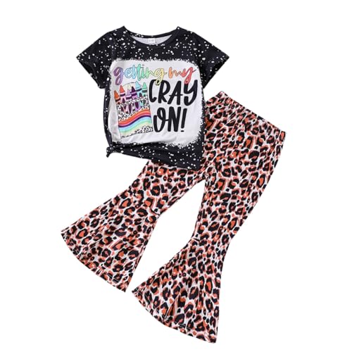 Image of Ayzozuy Kids Toddler Girl Clothes Letter Print Graphic Top + Leopard Print Flare Leg Pants 2PC Summer Clothing Set