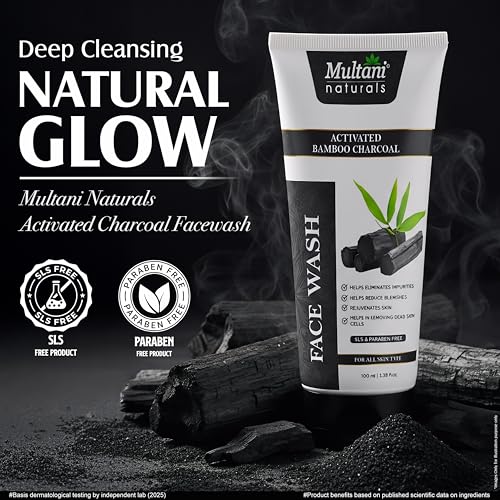 Image of Multani Naturals Charcoal Face Wash 100ml (Pack of 2)| Deep Cleansing Face Wash with Activated Bamboo Charcoal | Removes Dirt, Oil & Toxins | Oil Control for Acne-Prone Skin | For Men & Women | SLS & Paraben Free, Dermatologically Tested | For All Skin Type