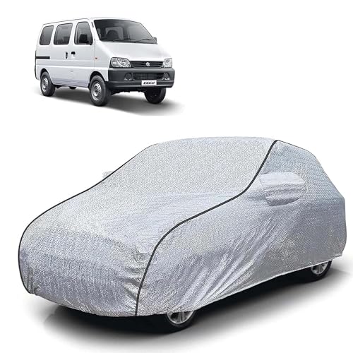 Image of Sulfar 100% Waterproof Car Body Cover Compatible with Mirror for Maruti Suzuki Eeco (Triple Stitched, Full Bottom Elastic, Magic Silver with Black Piping)