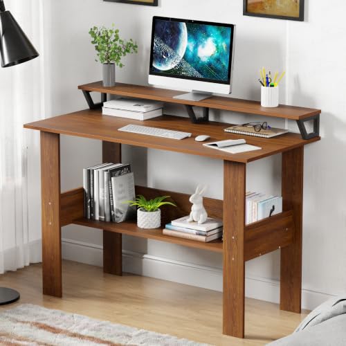 Image of Lukzer Study Table with Monitor Riser & Open Book Shelf (MST-004 /Oak Brown) Engineered Wood Computer Table for Laptop, PC & Home Office, DIY Office Desk with Storage Organizer Shelf (90 x 86 x 50cm)