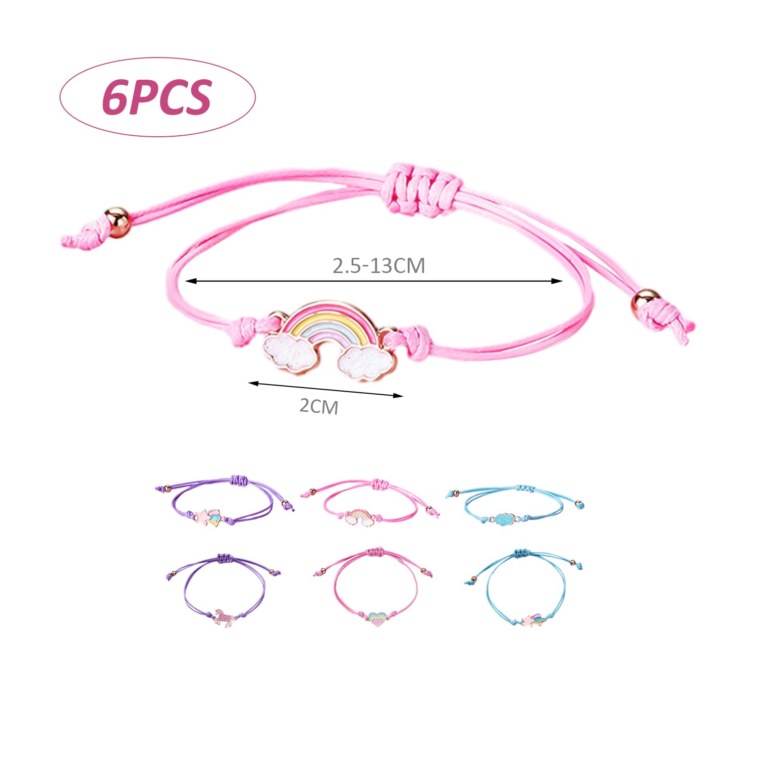 Lot de 6 bracelets colorés pour enfants en cuir réglables arc-en-ciel