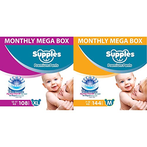 Image of Supples Baby Diaper Pants, Monthly Mega-Box, X-Large, 108 Count&Supples Baby Diaper Pants, Monthly Mega-Box, Medium, 144 Count
