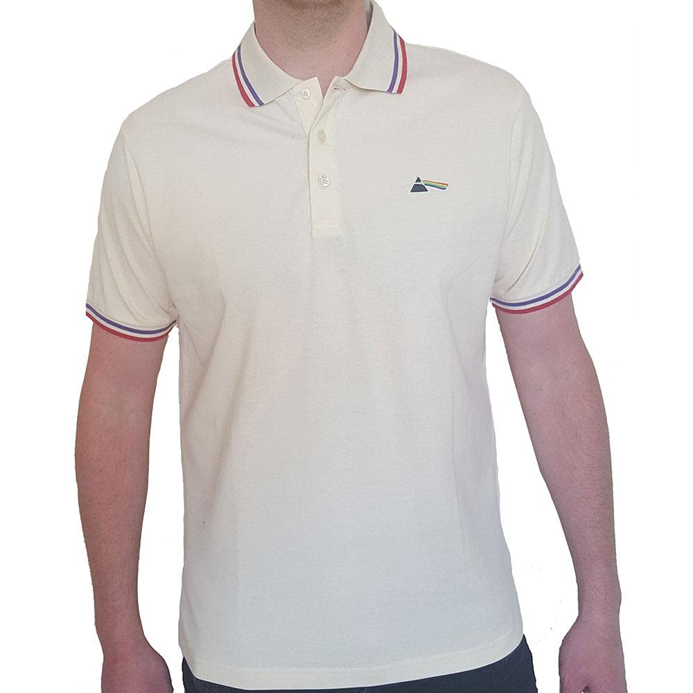 Pink Floyd Polo Shirt Dark Side of the Moon Prism Logo Official Mens Natural L White