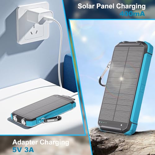 Image of Solar Charger Power Bank 20000mAh, Wireless Fast Charging Battery Pack with 3 Built-in Cables & USB-C Input, Dual LED Flashlights, Portable Phone Charger for Camping, Travel & Emergency Use