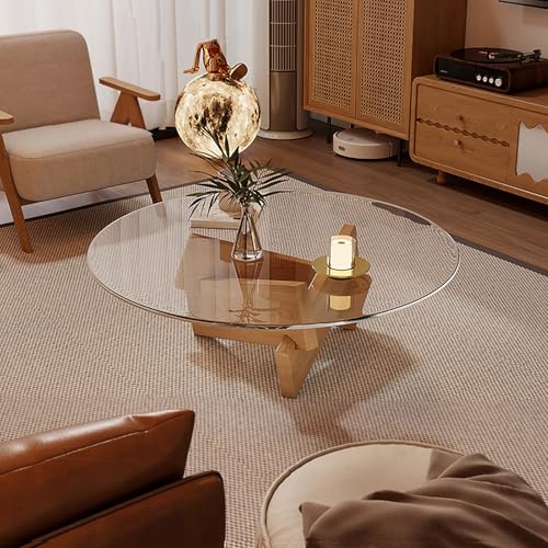 Qiydia Table basse moderne du milieu du siècle, table centrale ronde en verre avec base en bois massif, table de cocktail circulaire funky contemporaine pour...