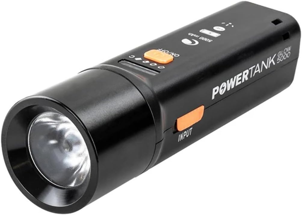 Celestron 93585 PowerTank Glow 5000 Portable USB Rechargeable Power Bank and Red Astronomy Flashlight - 5000 mAh Capacity, Includes Silicone Mount Straps, Black