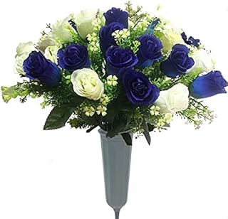 Gritech Silk Flowers Cemetery Flowers Roses Artificial Flowers for Graves and Memorials Arrangements for Headstones Lifelike, FloristArranged Bouquet BlueWhite, 1