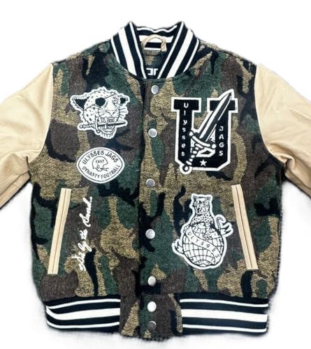 Jordan Craig Boys Varsity Jacket, Vintage Camo Print, Cream Sleeves, Striped Ribbing3