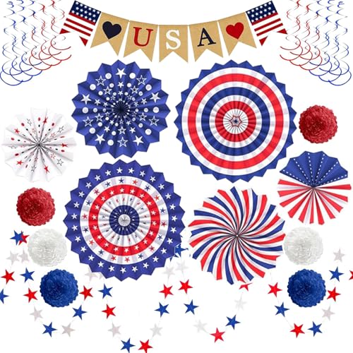 Image of 4th of July Decorations Patriotic Decor Love USA Banner Red White Blue Paper Fans Independence Day Star Streamer, Pom Poms, Hanging Swirls Party Decor Supplies