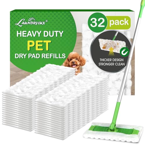 LAUNDRYLUX Heavy Duty Dry Sweeping Cloths Refills Compatible with Swiffer Sweeper, Multi Surface Pet Dry Pads Refill, Floor Cleaner for Dust, Hair, Dirt, Disposable Duster Mop Pad - 32 Count