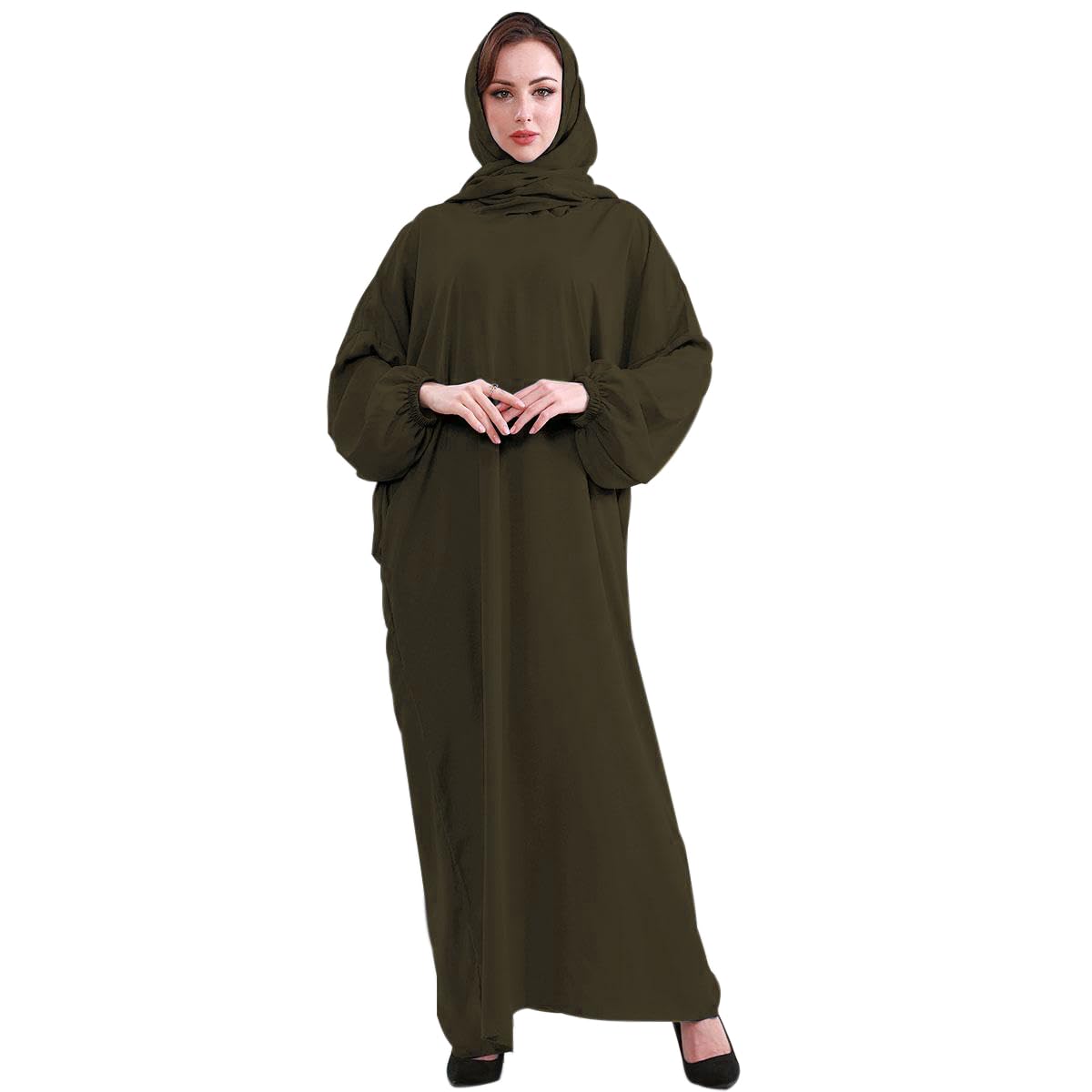 Women One-Piece Full Cover Long Dress with Hijab Instant Modest Prayer Clothes Full Length Prayer Dress Army Green Plus Size Army Green