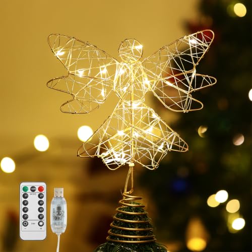 Lewondr Christbaumspitze Engel, 9,8 Zoll Glitzernd Weihnachtsdeko LED Weihnachten Baumspitze mit Timer… – Ansicht 1