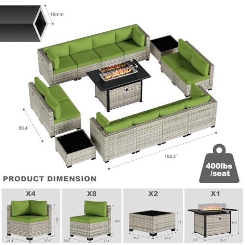 Image of Outdoor PE Wicker Rattan Modular Patio Sectional Sofa Set | 15-Piece: 12 Modular Seats, 2 Coffee Tables & 55,000 BTU Fire Pit Table, Grass Green