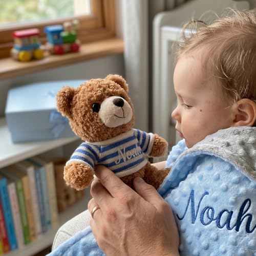 Image of Personalized Baby Blanket with Bear Set for Baby Boy Gift | Custom Baby Blanket with Name, Custom Blankets & Teddy Bear Gift Set for Birthday, Flannel Dot Swaddle for Baby Shower Gifts