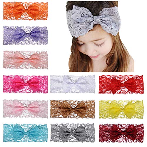 MarJunSep 12pcs Baby Girls Lace Headbands Hairbands Hair Bow Stretchy Bands Hair Accessories for Toddler Girls Kids Infants