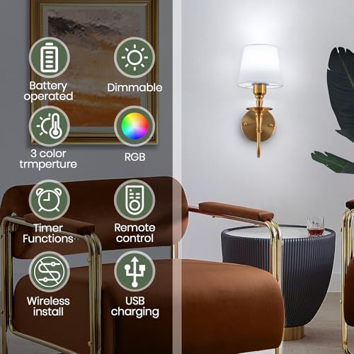 Image of EIDISUNY Vintage Wall Sconces Set of 2, Wireless Wall Lamp with RGB Rechargeable Dimmable Bulbs, Brass-Color Battery Operated Wall Sconce with Remote for Bedroom, Living Room, Hallway Bulbs Included